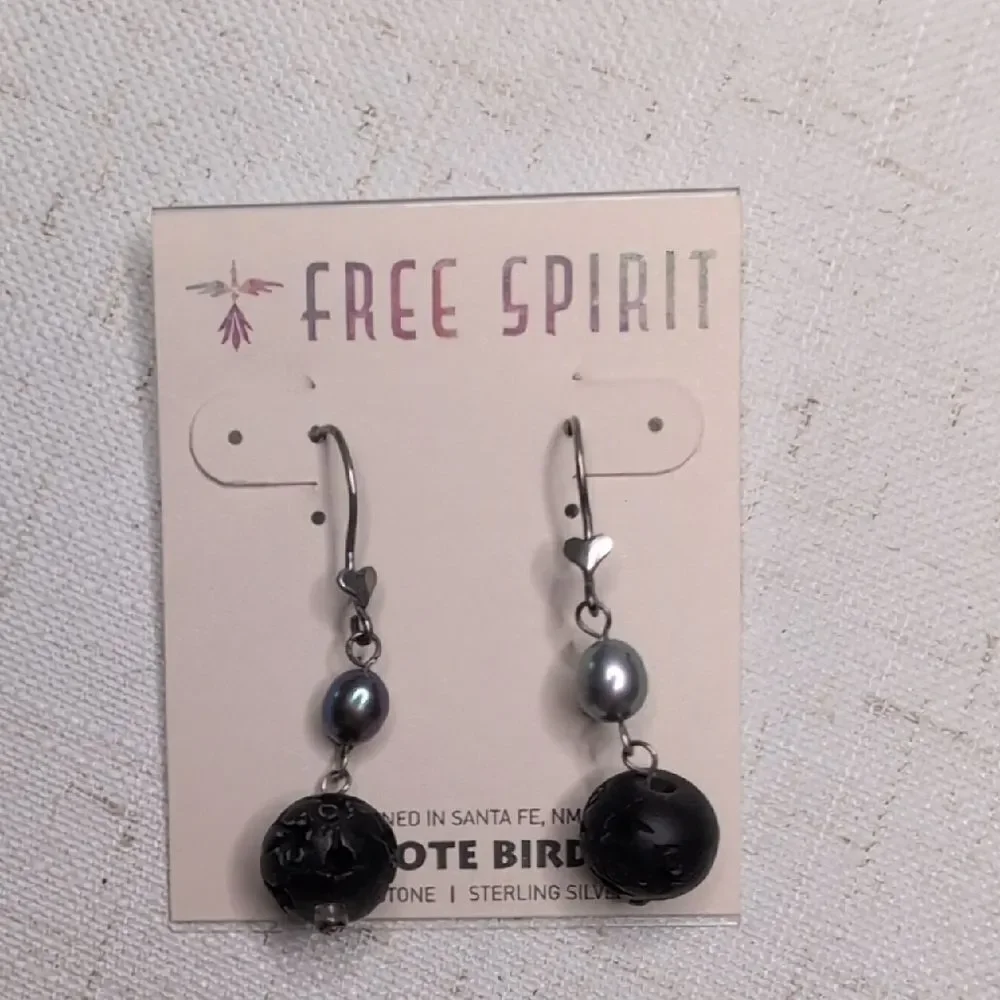 NWT Peyote Bird Freshwater Pearl Carved Wood Sterling Silver Dangle Earrings